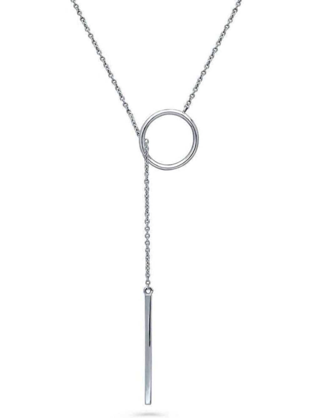 Sterling Silver Open Circle Bar Lariat Necklace for Women, Rhodium Plated 16